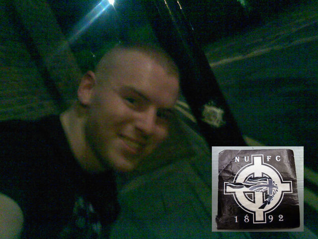 James Wade posing behind their own NUFC National Front sticker