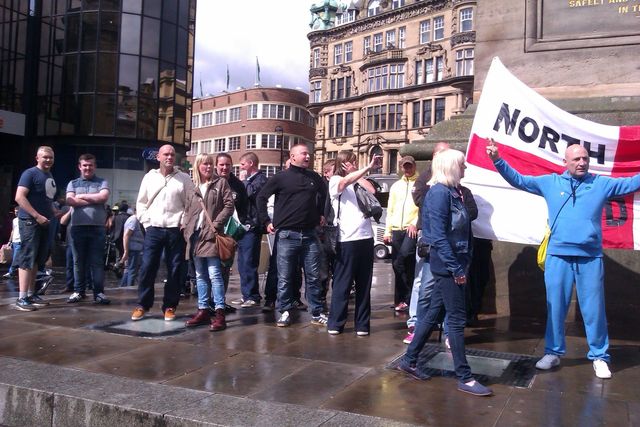 Lee 'England' (left of page) at North East EDL flash demo, Monument, Newcastle