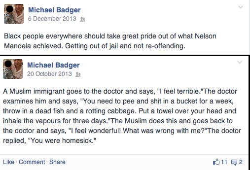 Michael Badger's racist and bigoted comments