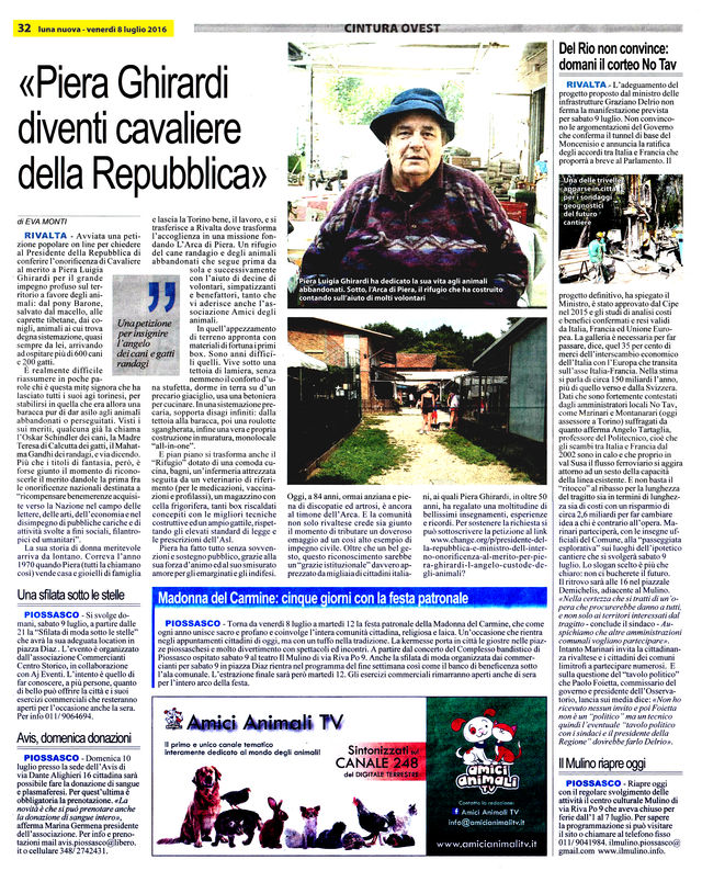 Articolo di oggi (8 luglio 2016) de "la Luna Nuova" dedicato a Piera Ghirardi